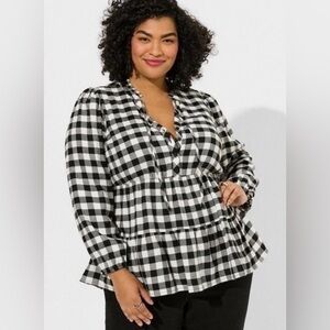 TORRID Gingham Babydoll Brushed Flannel Ruffle Collar Long Sleeve Top Size L